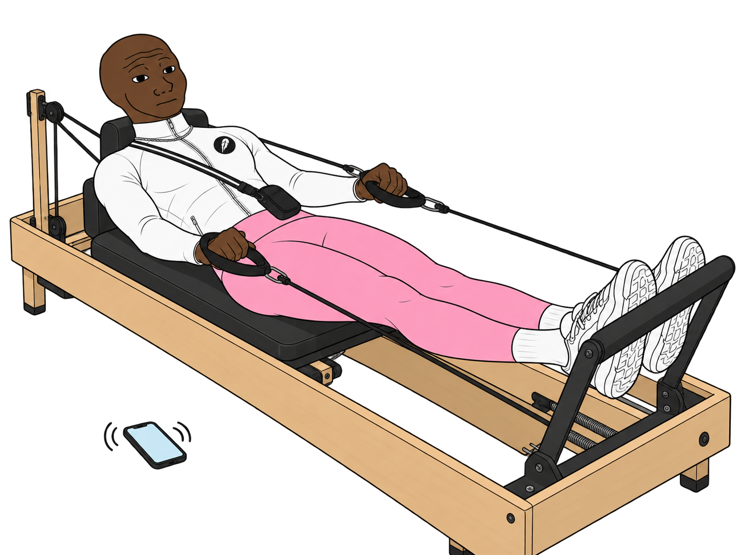luluman lying on a Pilates reformer, ignoring his buzzing phone on the floor.