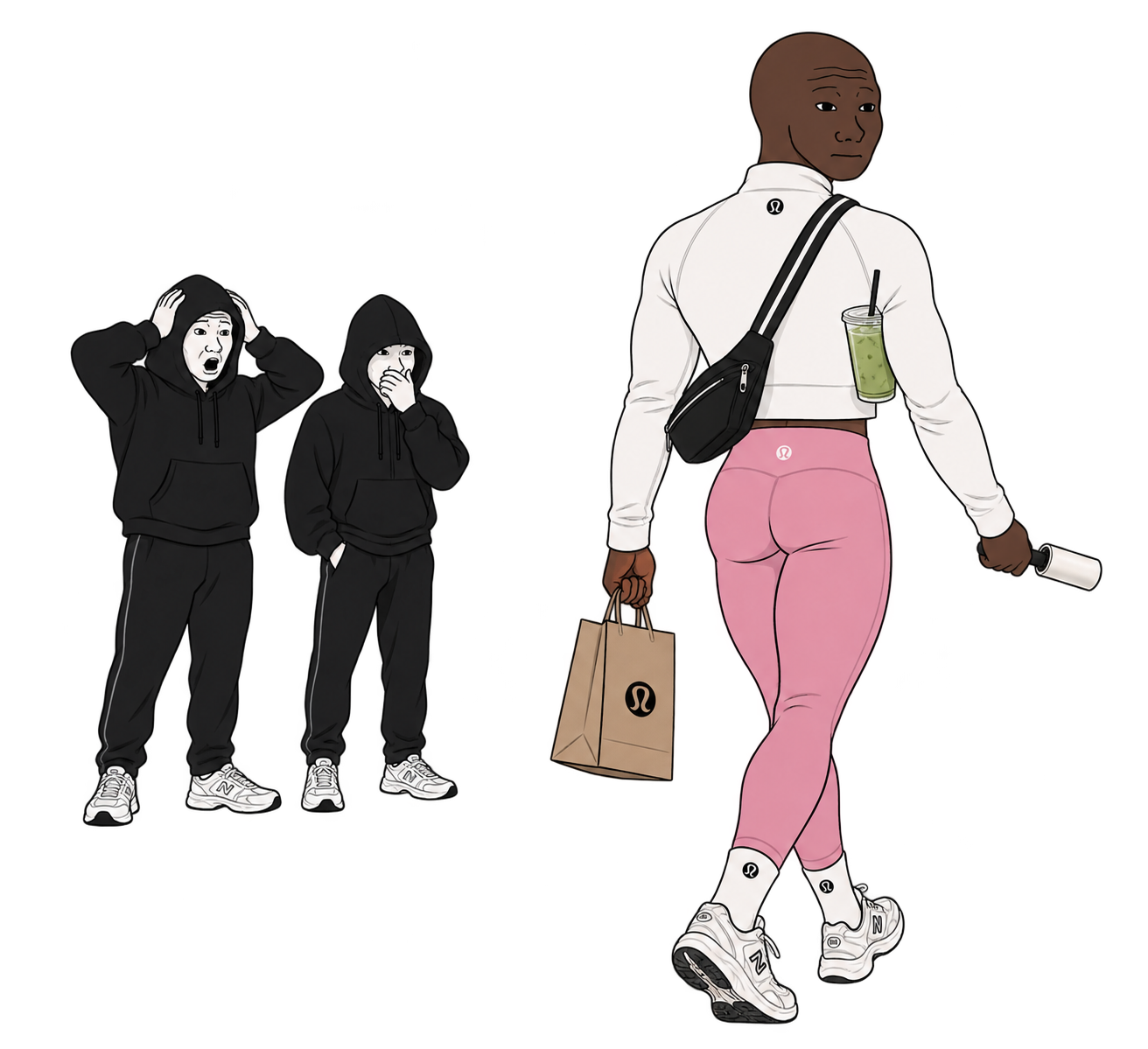 luluman walking away with a shopping bag and a lint roller while two friends in black hoodies watch in disbelief.