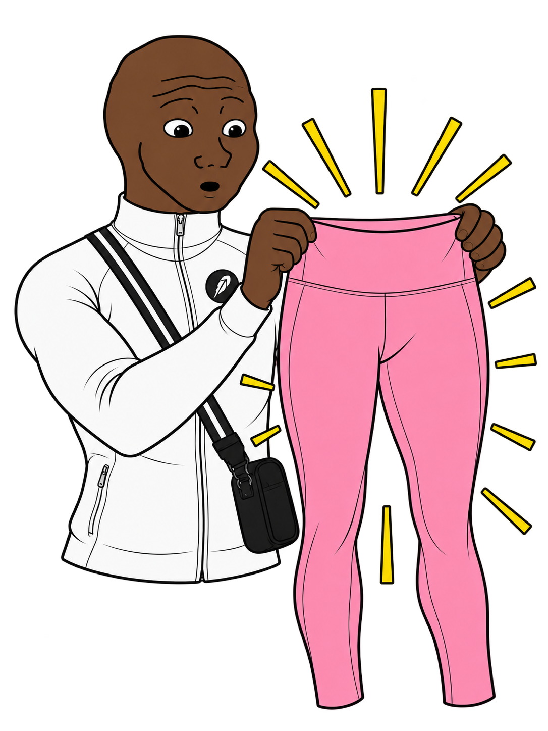 luluman holding up a pair of pink leggings in awe, light rays bursting from behind them.