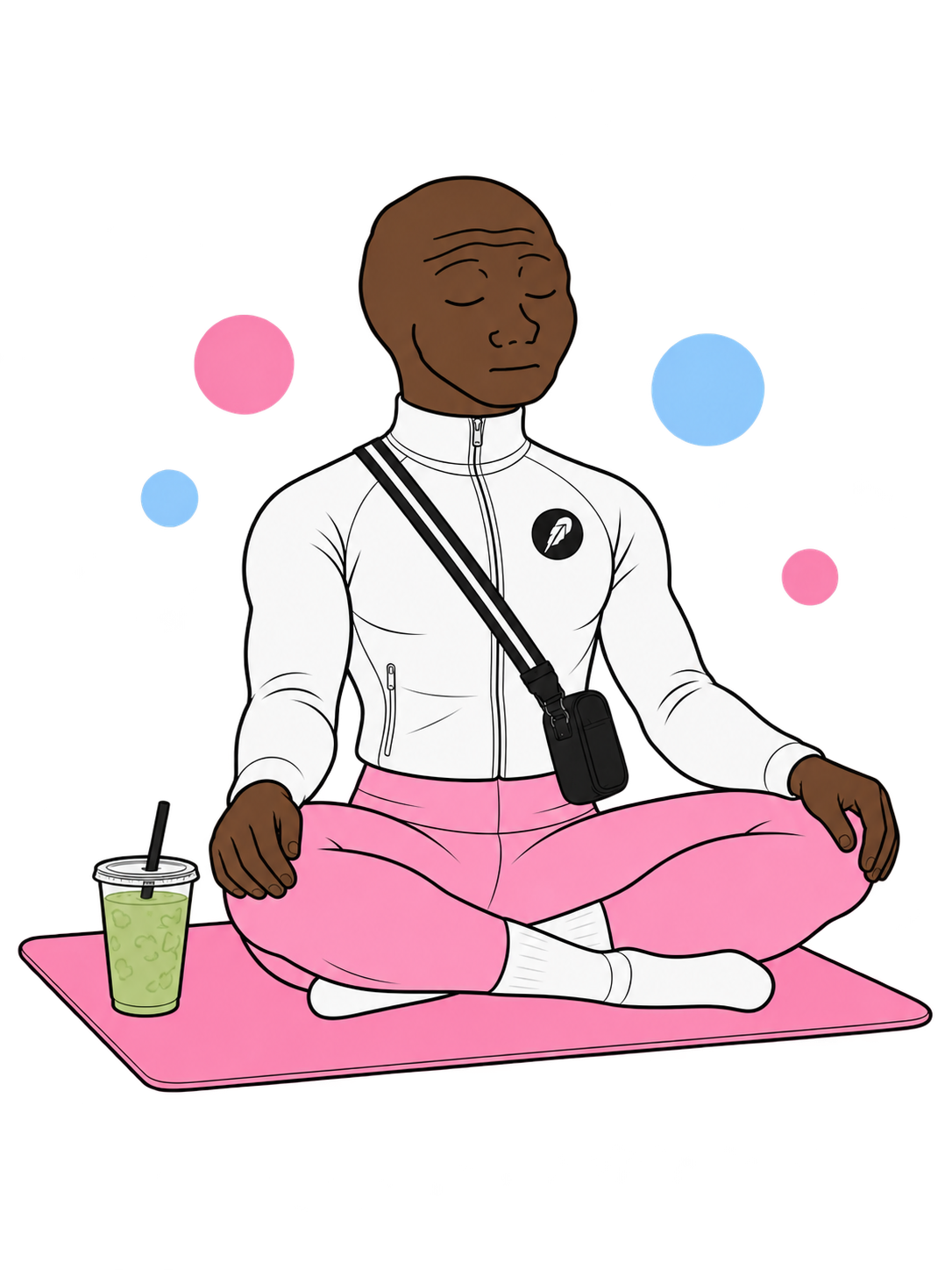 luluman meditating cross-legged on a pink yoga mat with an iced matcha beside him.