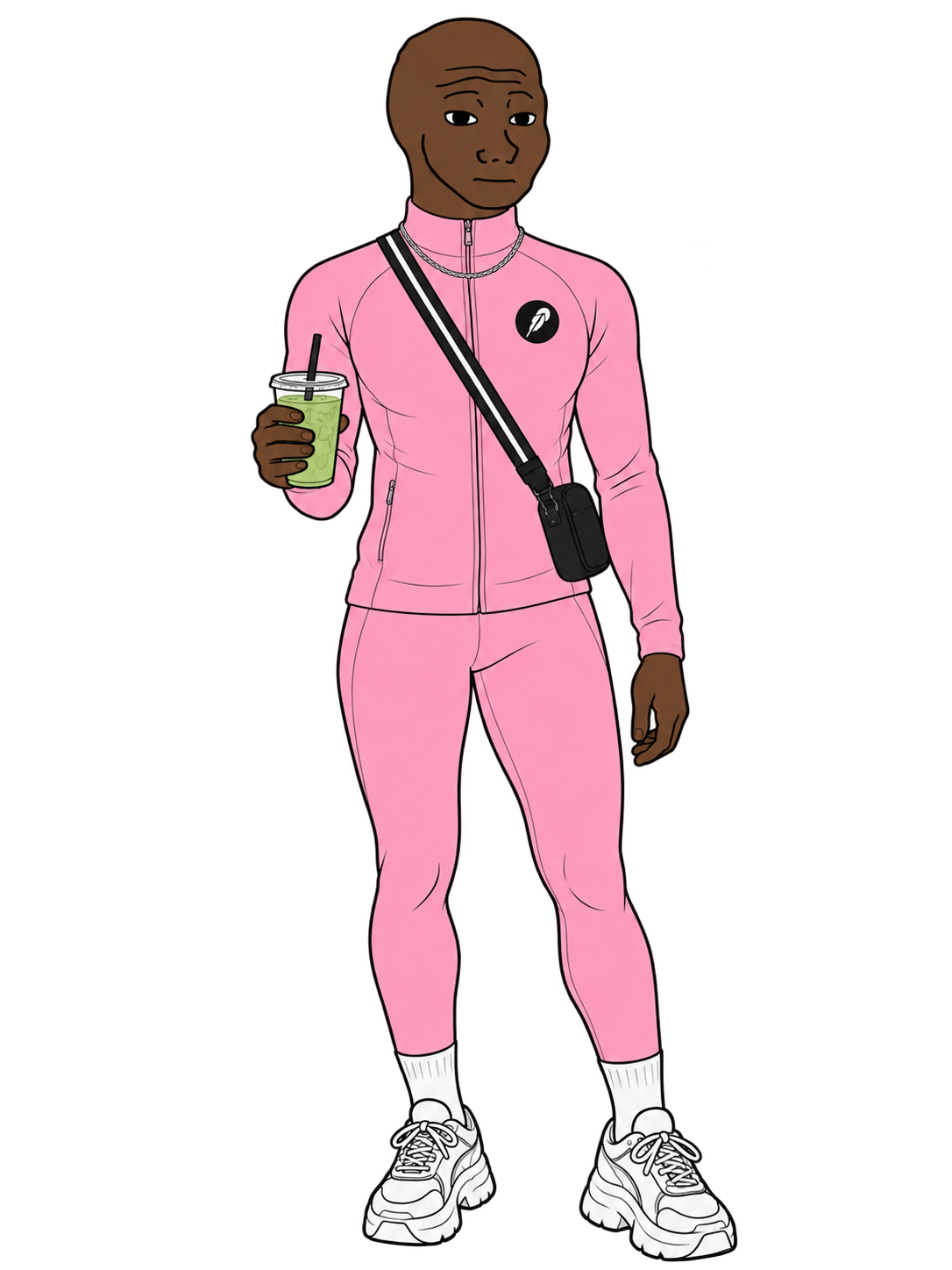 luluman: a man in a full pink matching set, black crossbody bag across the chest, iced matcha in hand, Robinhood feather badge on the chest.